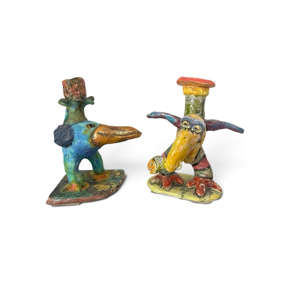 Mike Norman Bird Candle Stick Holders Whimsical Pottery Fish Colorful Figurines